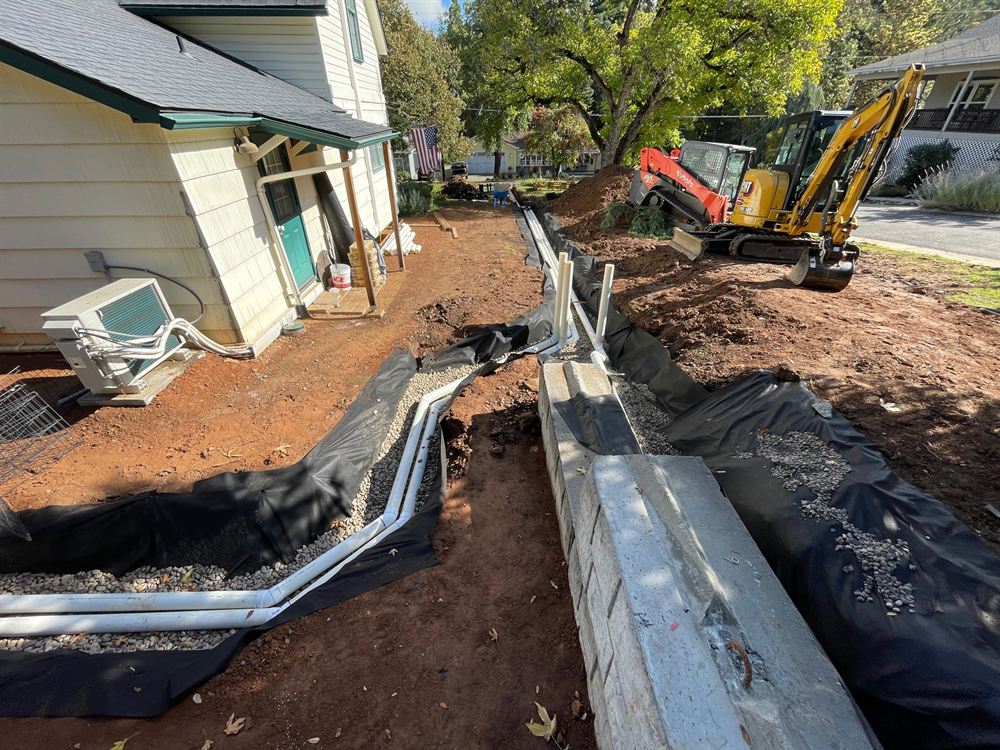 French drain and foundation drainage system with perforated pipe and gravel