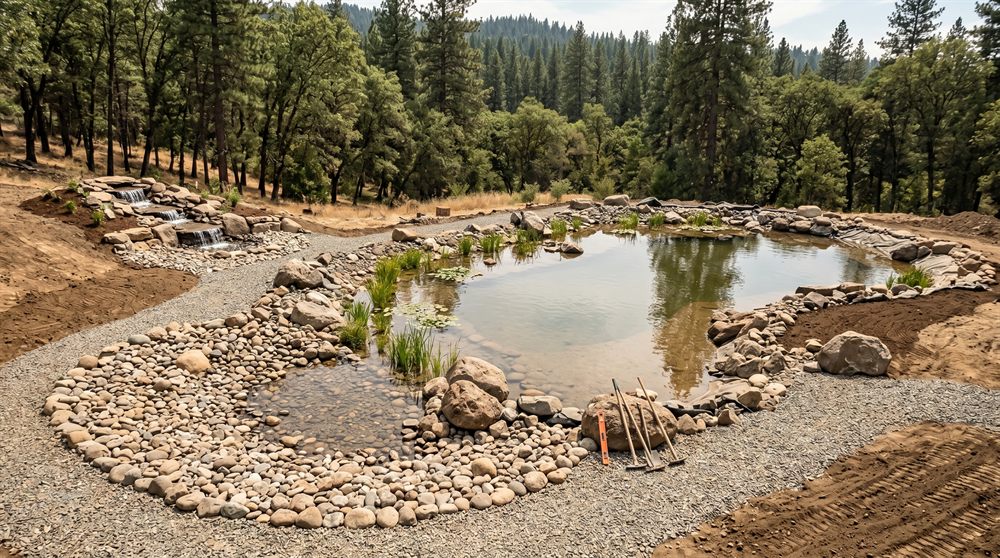 Natural swimming pond construction with rock edging and regeneration plants in the Rogue Valley, Southern Oregon