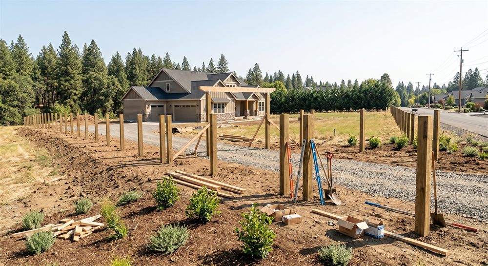 Rural fence-line post setting and property fencing work in the Rogue Valley, Southern Oregon