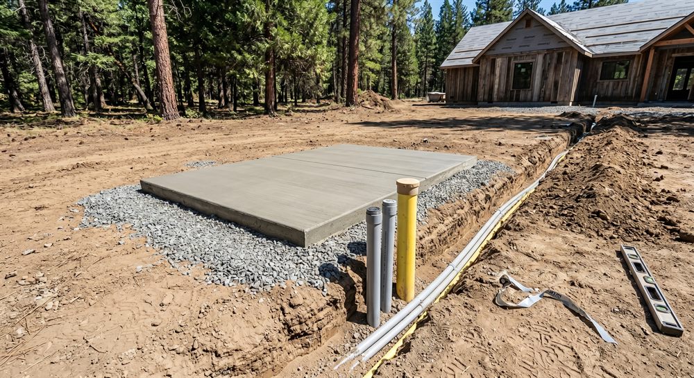 Standby generator concrete pad with electrical and gas conduit trenching in Southern Oregon