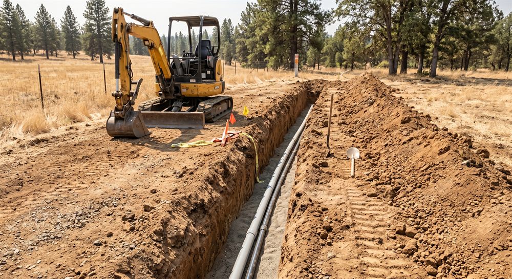 Utility trenching and conduit installation on a rural Southern Oregon property